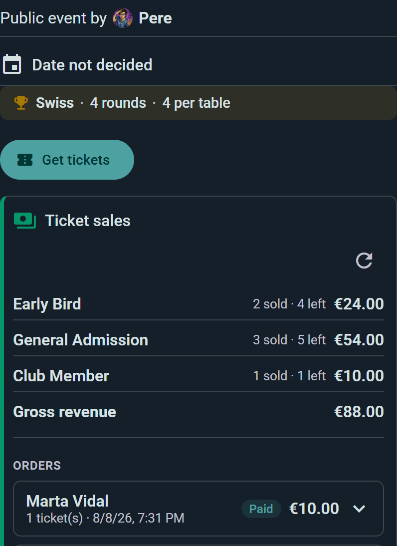 Sales panel showing sold/remaining counts, revenue, and order list