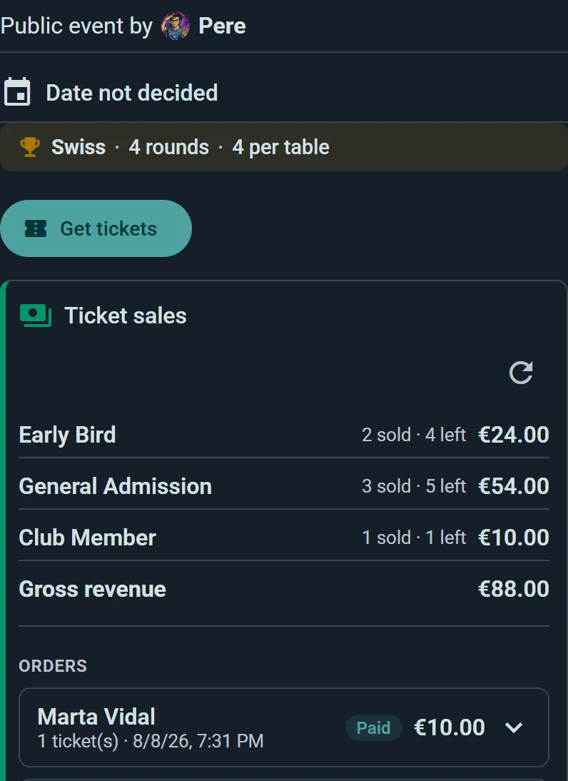 Ticket sales panel with types and totals