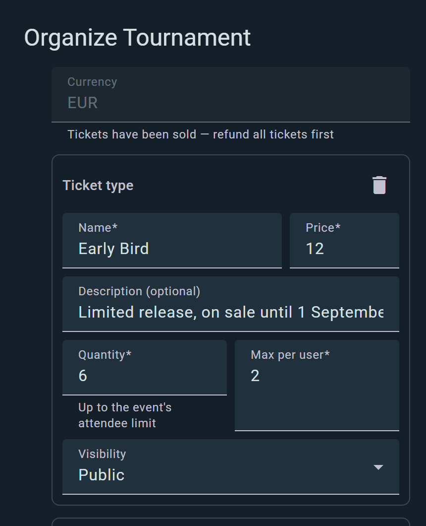 Ticket type editor showing name, price, quantity, and visibility
