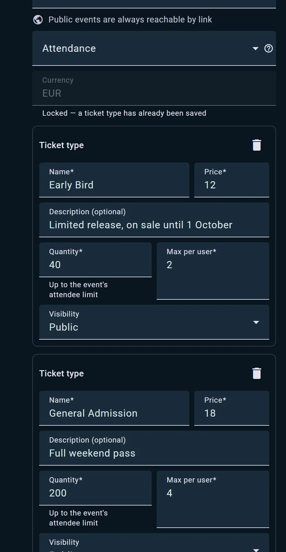 Three ticket types being edited: Early Bird at €12 limited to 40, General Admission at €18, Club Member at €10