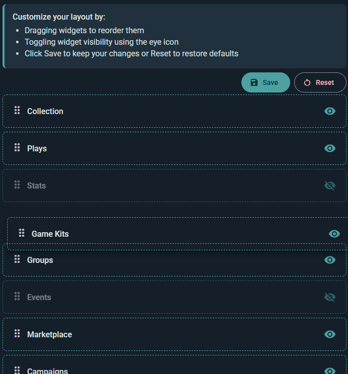 Profile layout editor with drag-and-drop section reordering