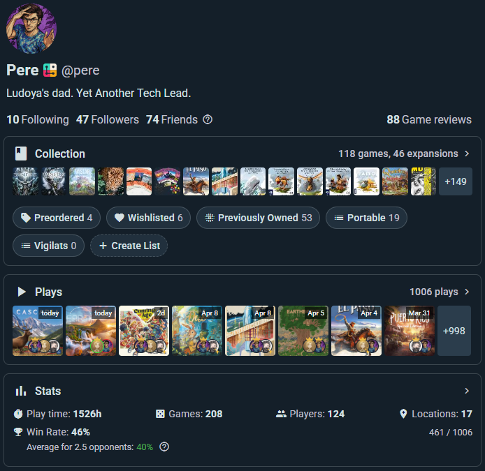 Profile header with avatar, name, badge, and bio
