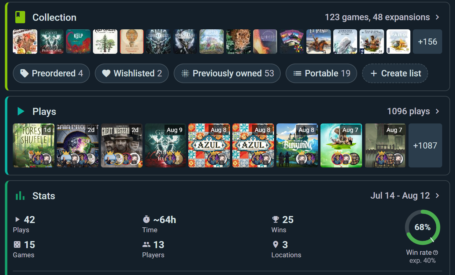 Collection, plays and stats widgets stacked on a profile
