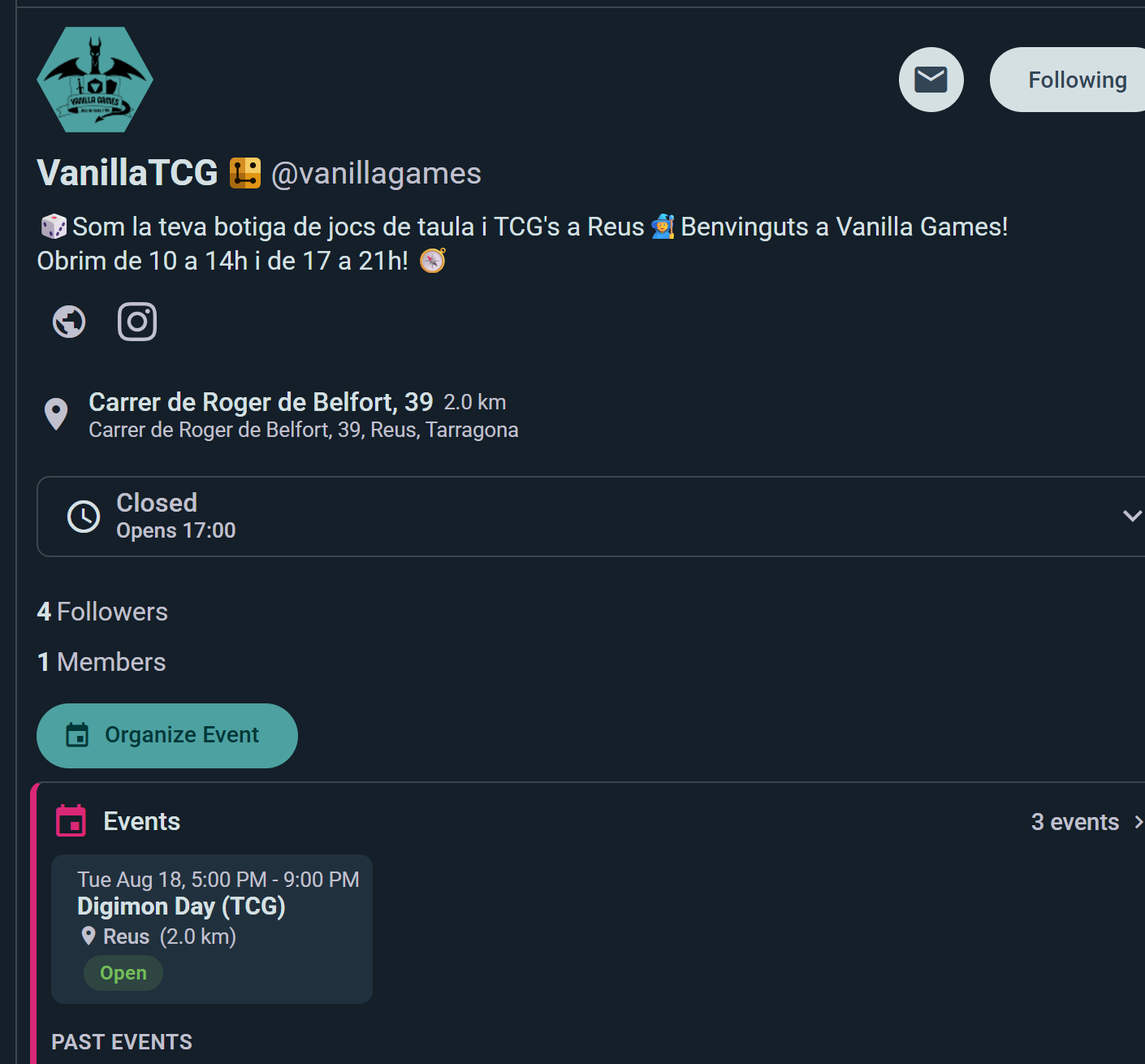 A venue profile with logo, address, opening hours and upcoming events